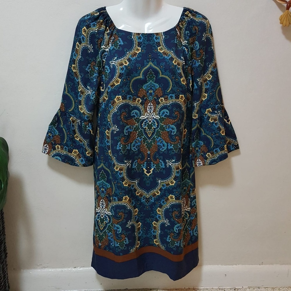 New York Company Women Dress Boho Paisley Shift Bell Flare Slv Blue Mandala XS
